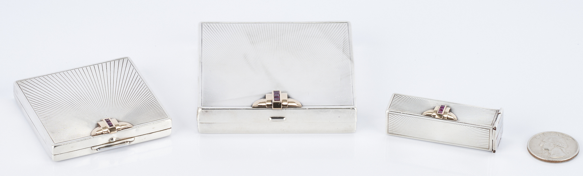 Lot 506: 3 pc Art Deco Tiffany Silver, 14K, and Ruby purse set