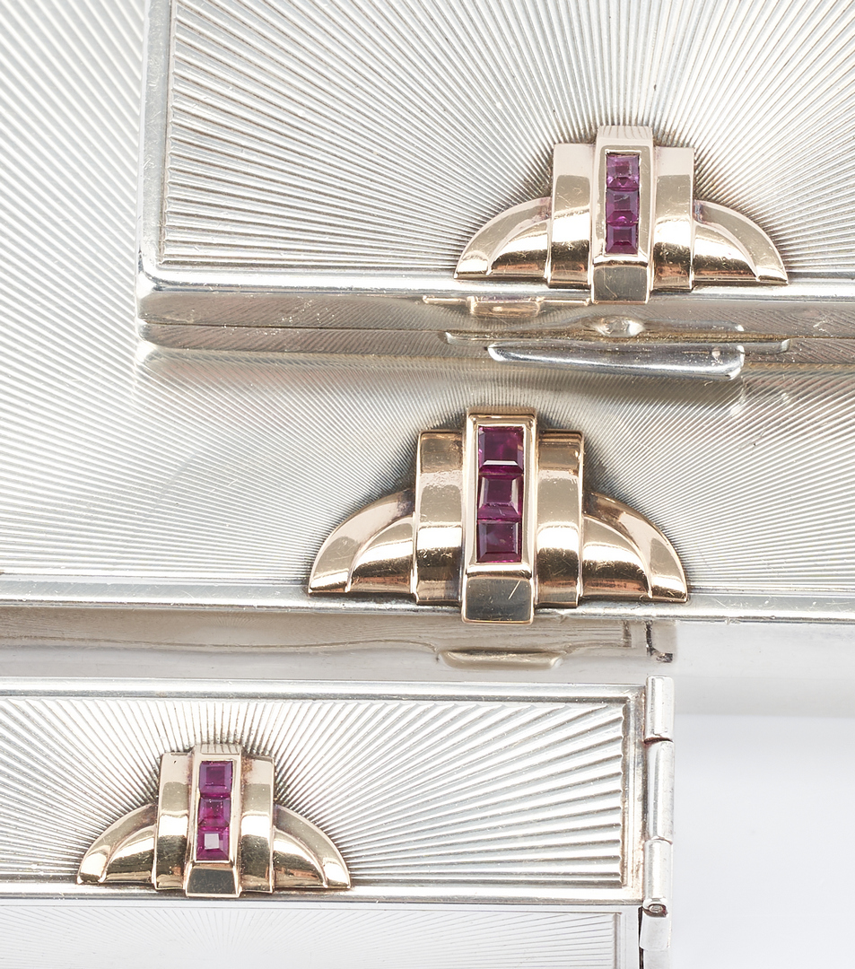Lot 506: 3 pc Art Deco Tiffany Silver, 14K, and Ruby purse set