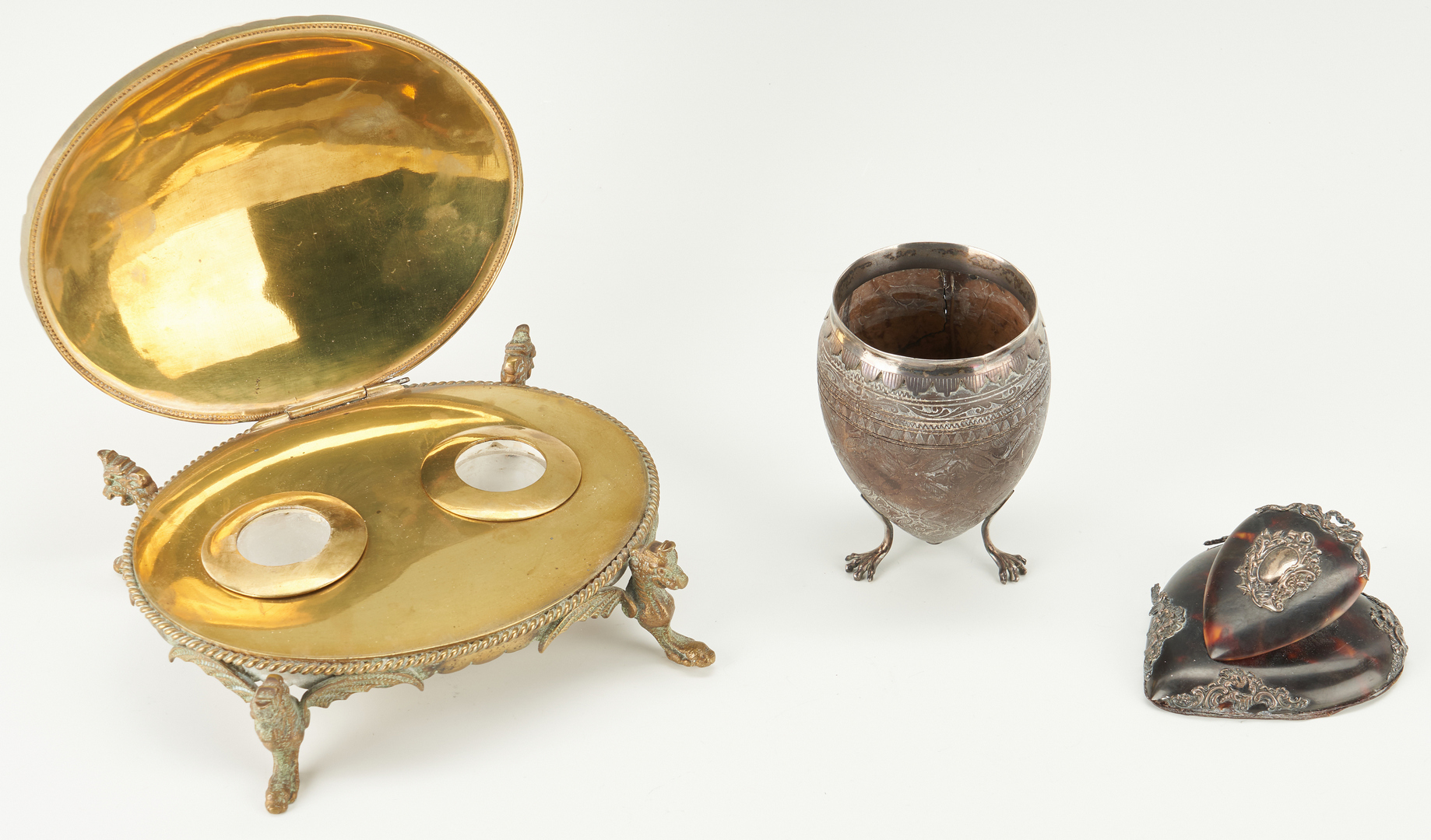 Lot 55: Silver Mounted Coconut Cup, Desk Clip, & Egg Inkwell