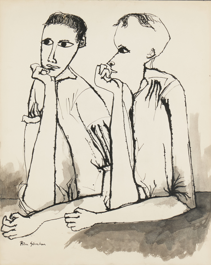 Lot 573: Ben Shahn Ink & WC Drawing, Two Figures