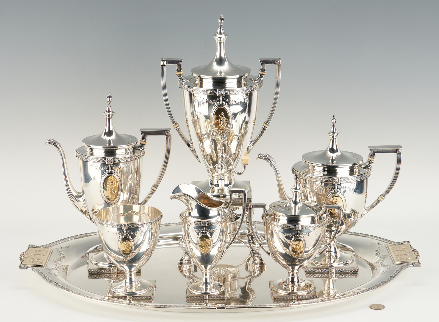Lot 57: 7 Pcs. Pompeiian Sterling Tea Set and Sterling Tray