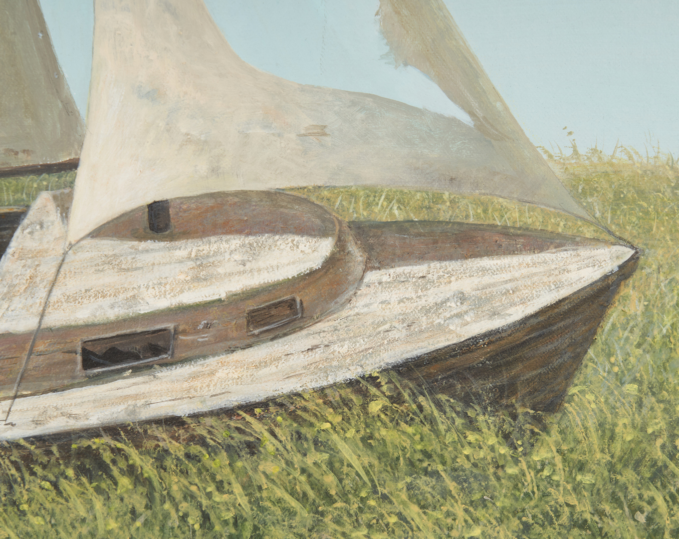 Lot 582: Evelyn Taylor O/C Painting, Boat with Tattered Sails