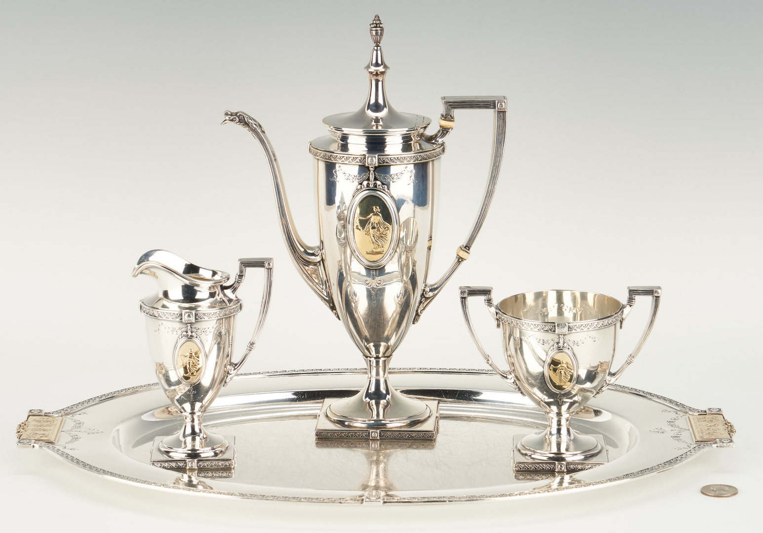 Lot 58: Pompeiian Sterling Bachelor Tea Set and Sterling Tray
