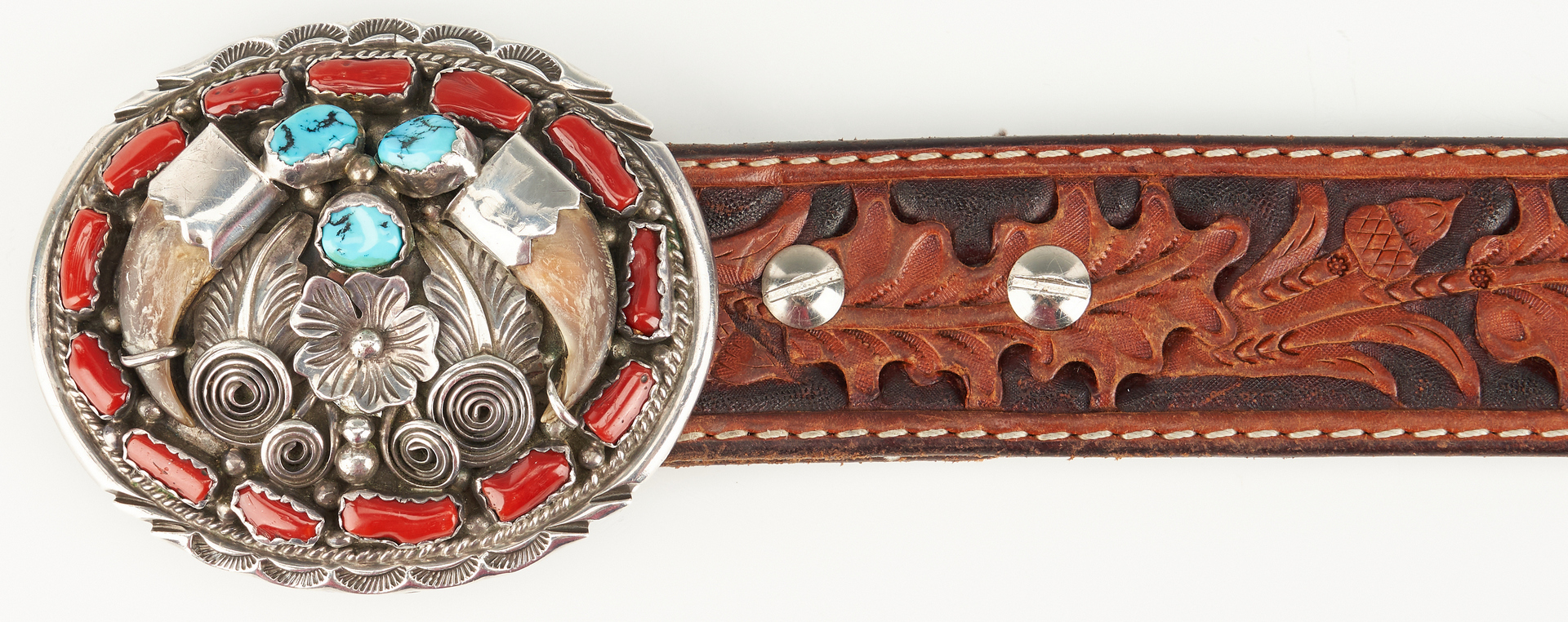Lot 607: Old Pawn Double Bear Claw and Coin Buckle, Belt