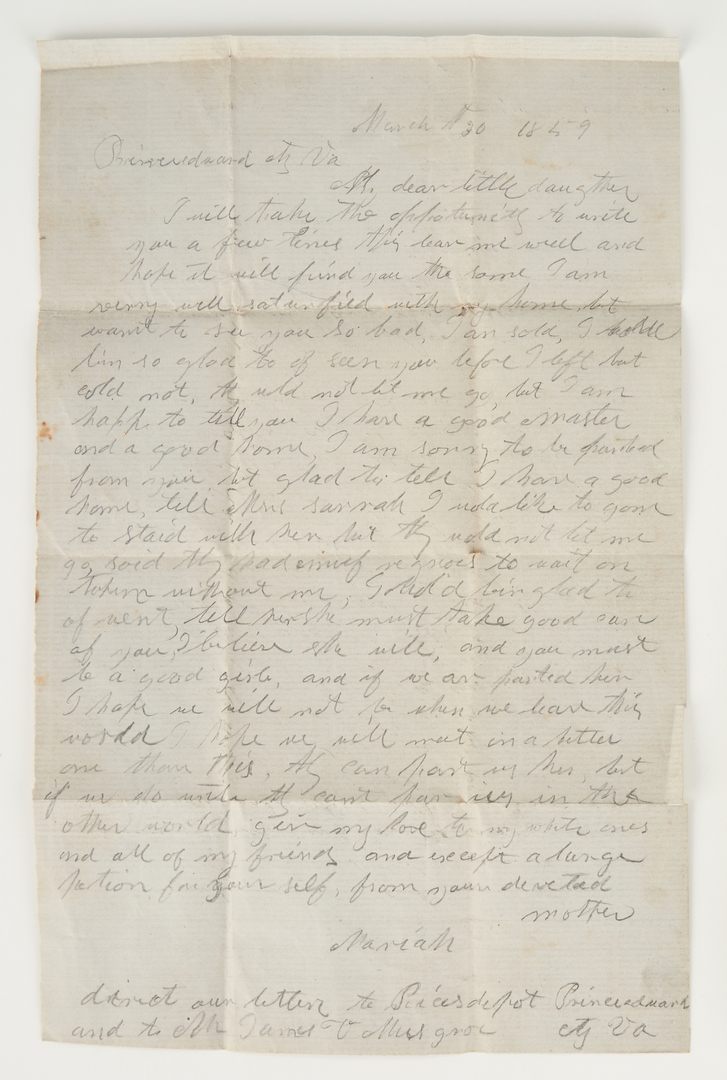Lot 639: 1859 VA Letter Written by Slave named Mariah (2 items)