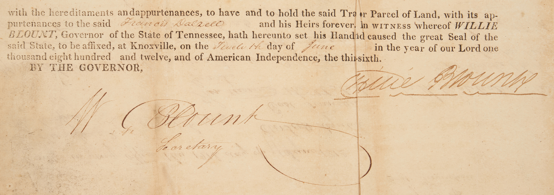 Lot 642: TN Governor Signed Land Grant Archive + Broadside