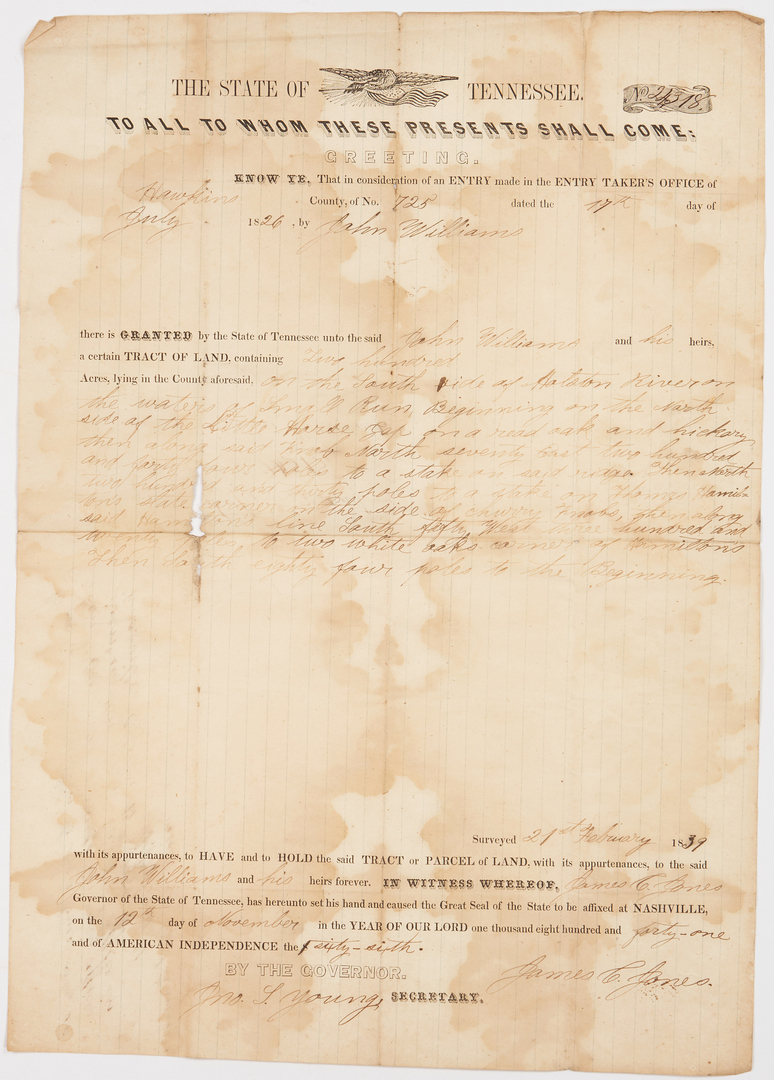 Lot 642: TN Governor Signed Land Grant Archive + Broadside