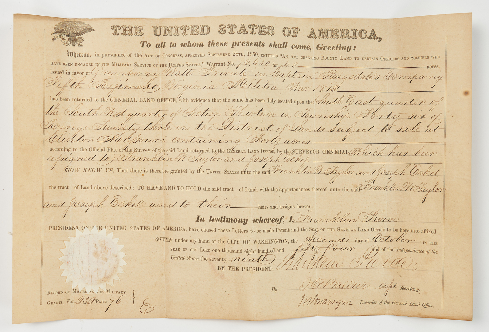 Lot 647: 6 F. Pierce Secreterial Signed Land Grants, 8 items