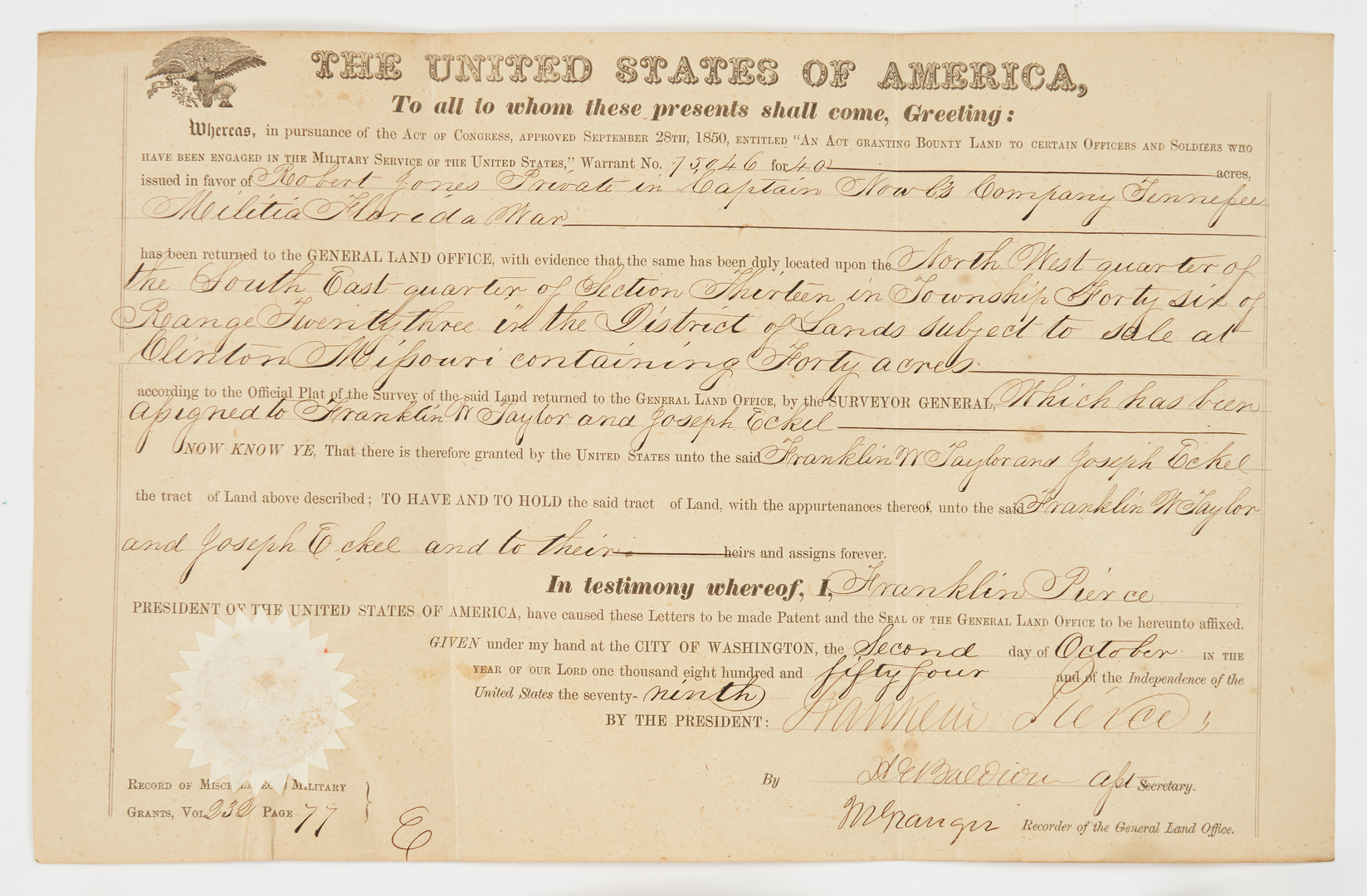 Lot 647: 6 F. Pierce Secreterial Signed Land Grants, 8 items