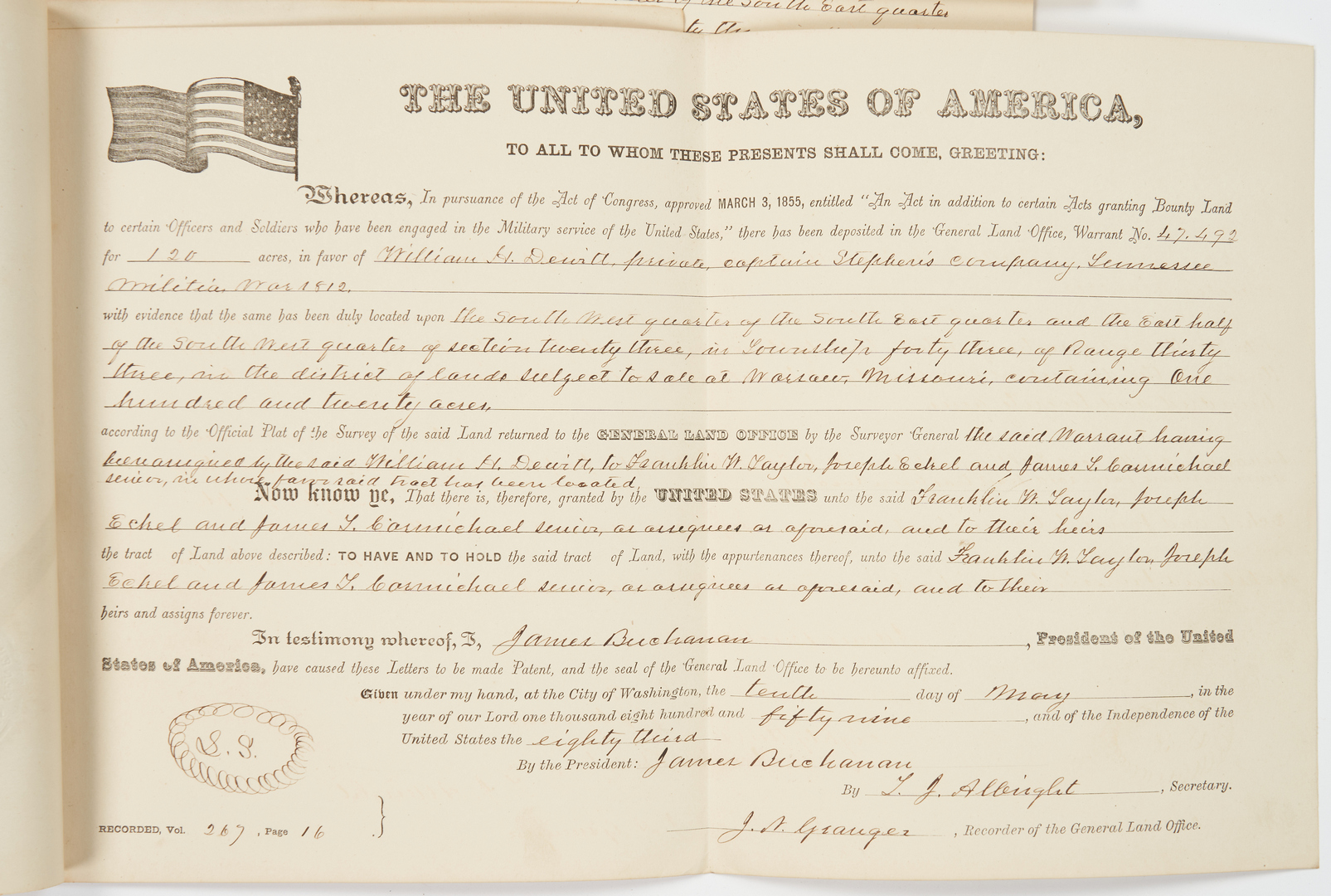 Lot 648: 10 TN and VA Land Grants, incl. Pres. Fillmore and Buchanan Signed, War Related