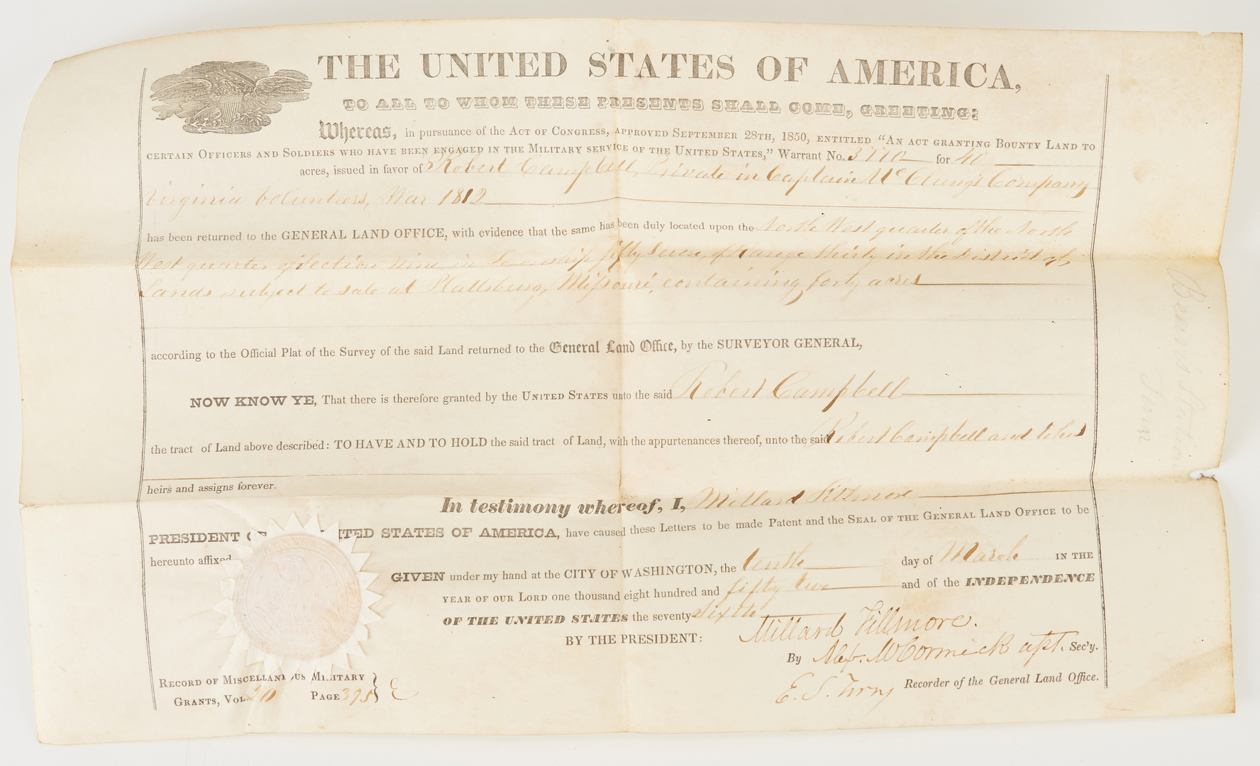 Lot 648: 10 TN and VA Land Grants, incl. Pres. Fillmore and Buchanan Signed, War Related
