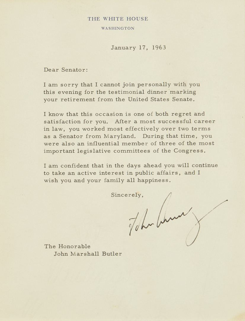 Lot 651: John F. Kennedy TLS to Sen. John M. Butler, 1963