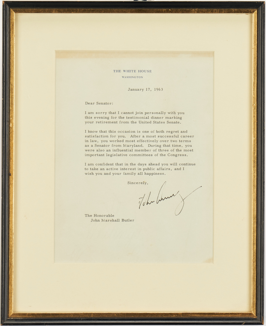 Lot 651: John F. Kennedy TLS to Sen. John M. Butler, 1963