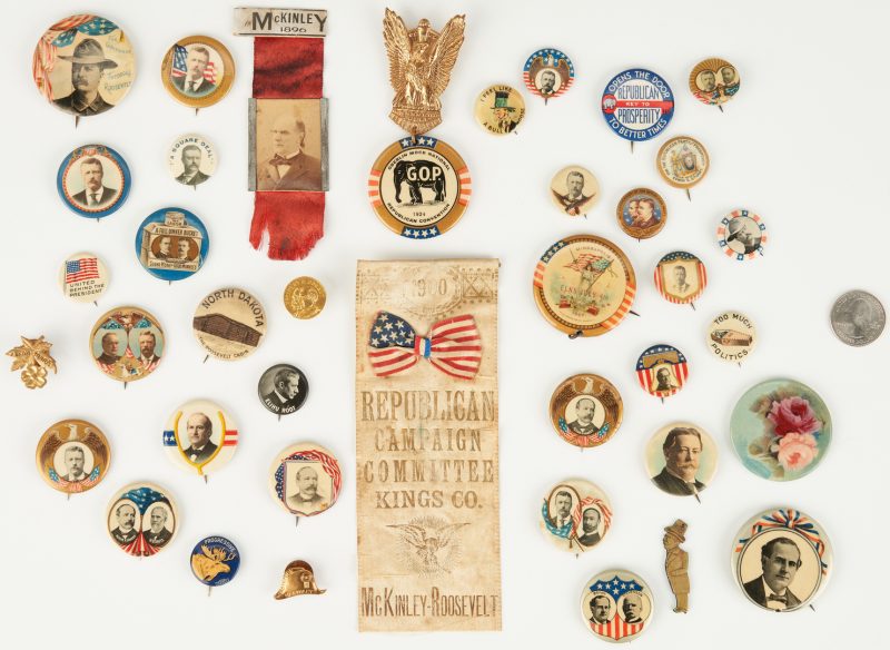 Lot 665: Group of Political Items, incl. McKinley/Roosevelt Buttons
