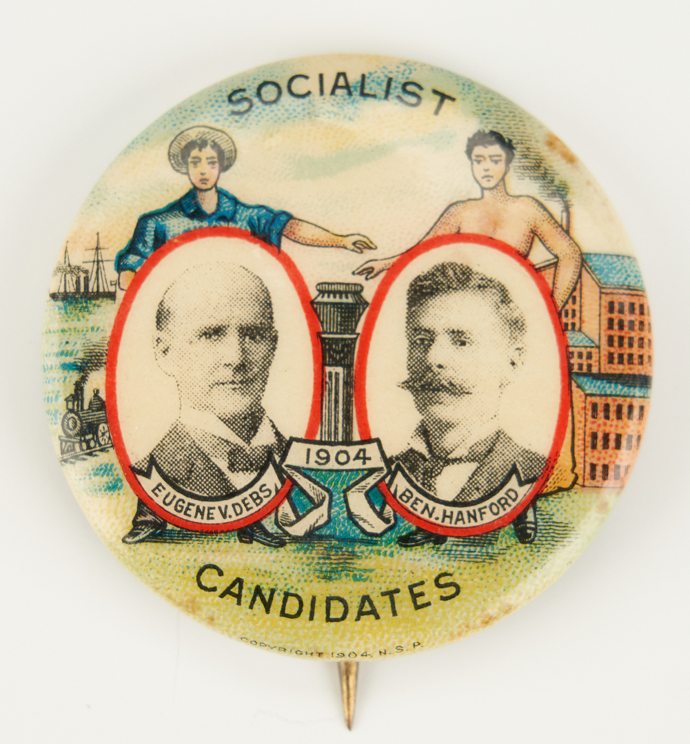 Lot 669: 3 Political Buttons, incl. Wilson, Debs, Roosevelt