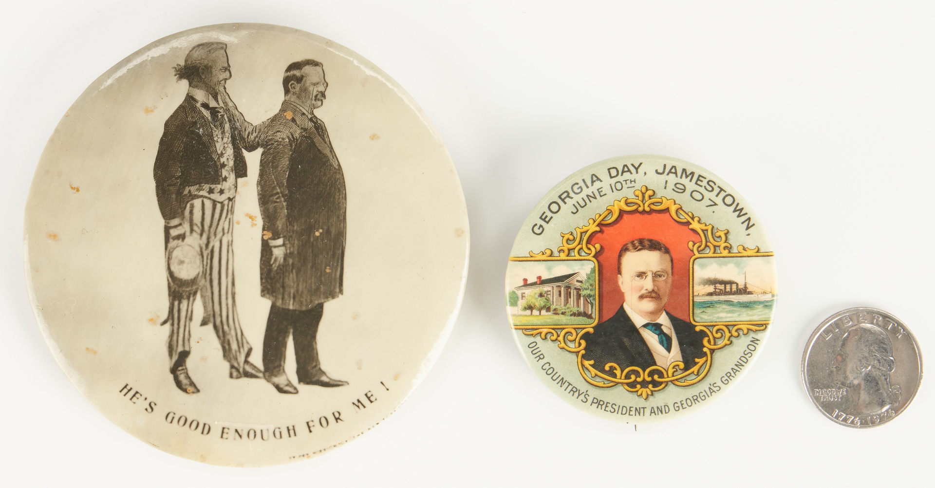 Lot 670: 2 T. Roosevelt Buttons, incl. Georgia Day 1907