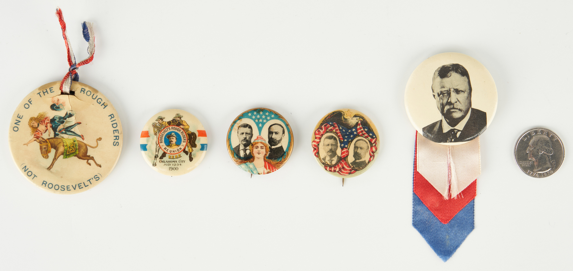 Lot 676: 5 T. Roosevelt Badge & Buttons, incl. Rough Riders