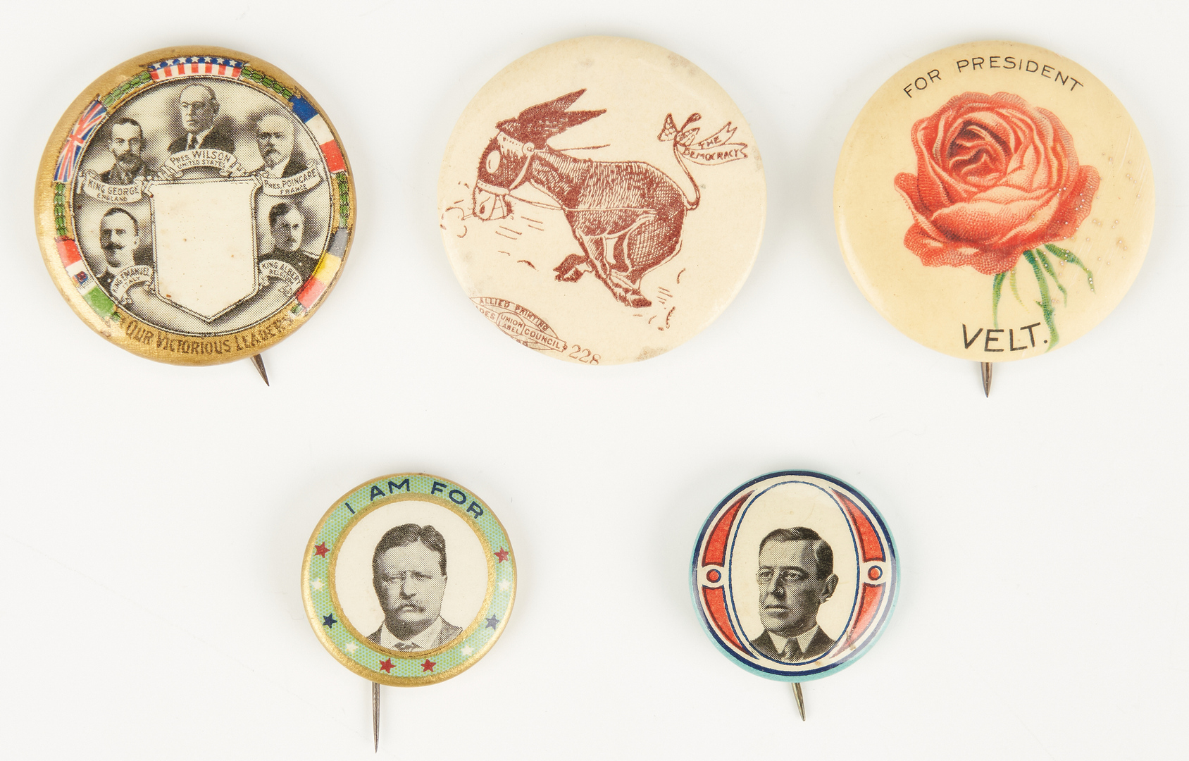 Lot 678: 5 Political Buttons, incl. Wilson, T. Roosevelt Buttons