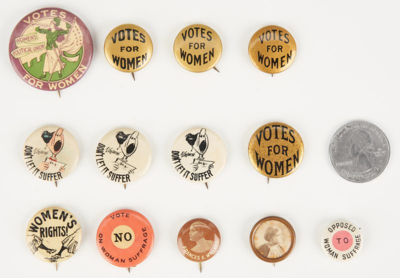 Lot 685: 13 Women's Suffrage Buttons, incl. WSPU Trumpeter Button
