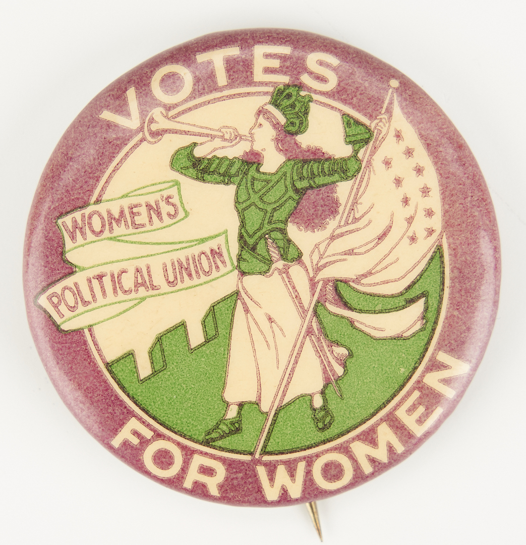 Lot 685: 13 Women's Suffrage Buttons, incl. WSPU Trumpeter Button