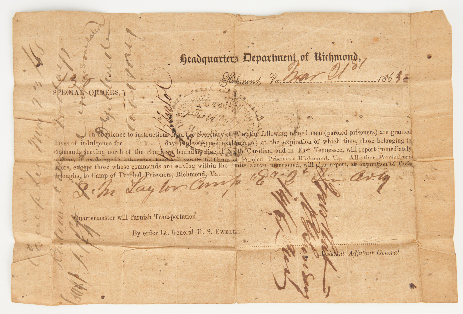 Lot 719: SM Taylor Confederate Civil War Parole Documents