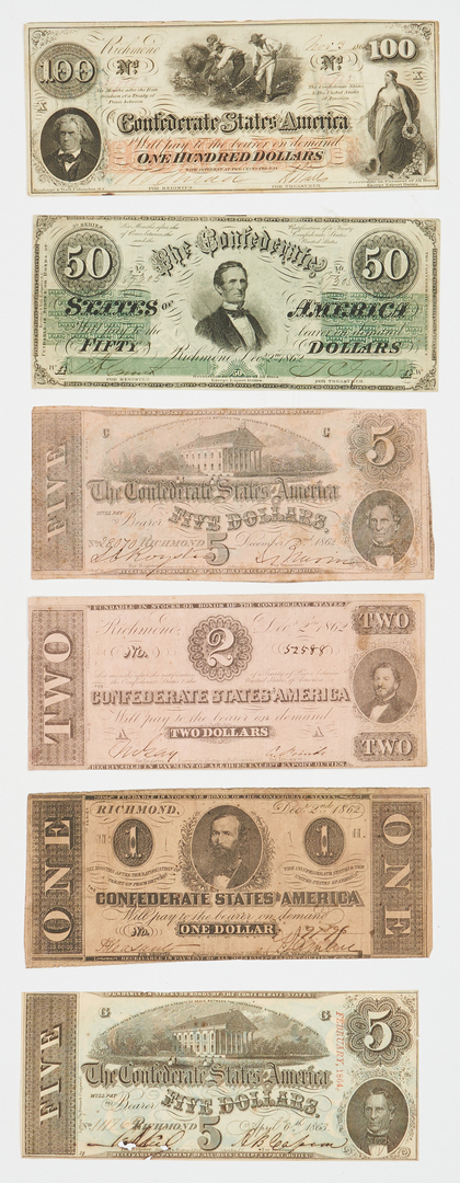 Lot 725: 16 Pcs. CSA Currency, incl. 6 dated 1861