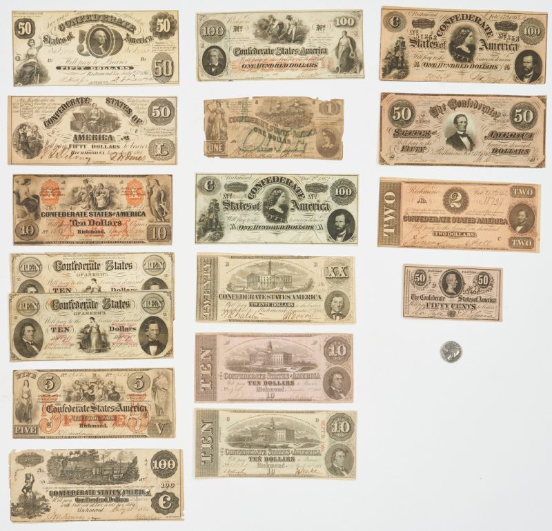 Lot 726: 17 Pcs. CSA Currency, incl. 5 dated 1861