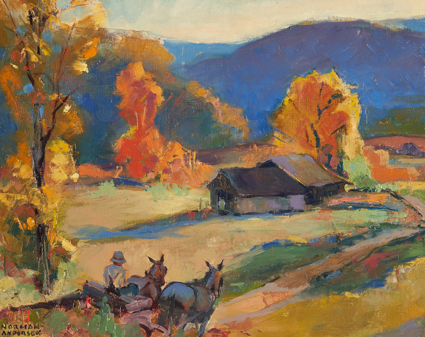 Lot 751: Norman Anderson O/C, Farmhouse in Autumn Landscape