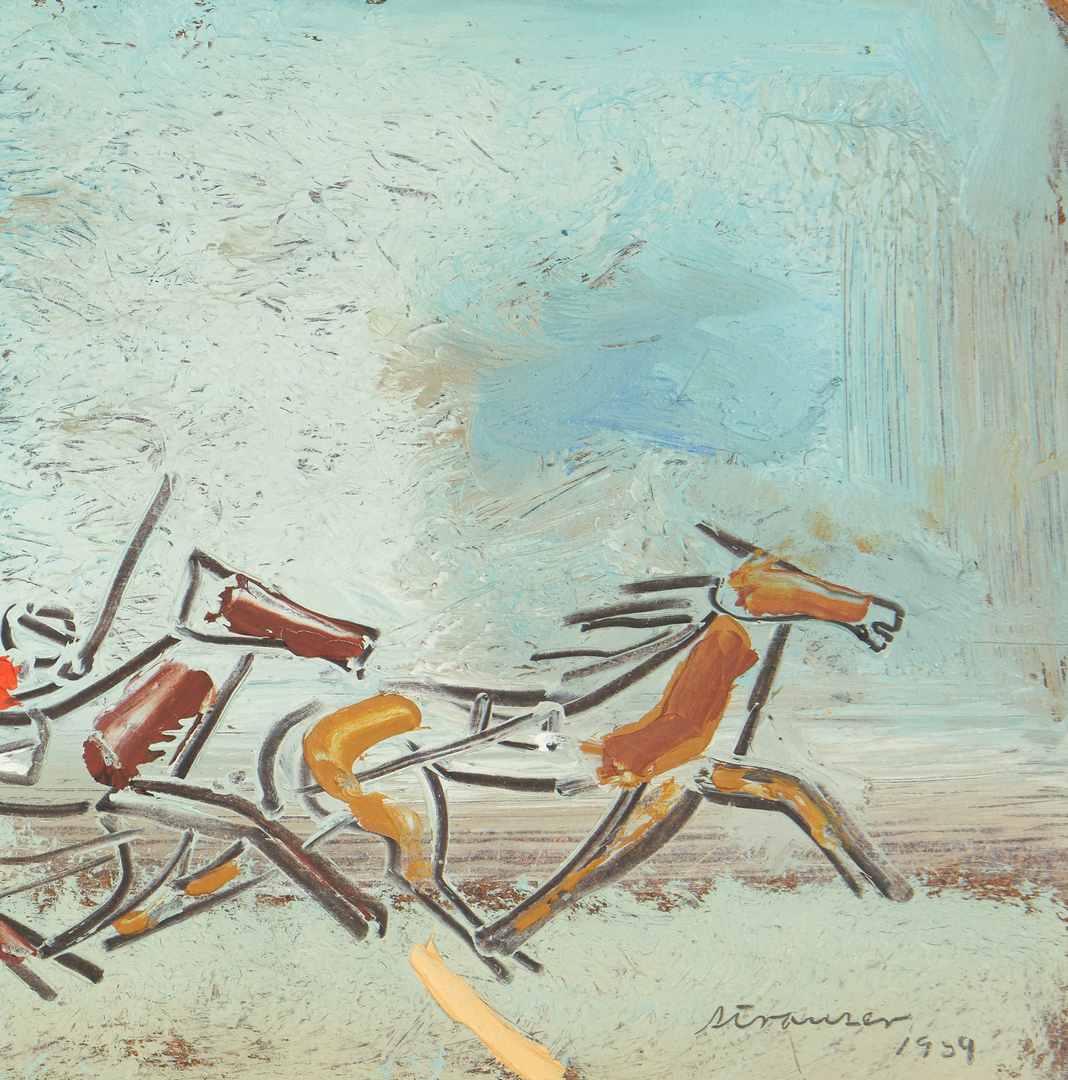 Lot 755: 2 Sterling Strauser paintings, Racing Scene and Amaryllis
