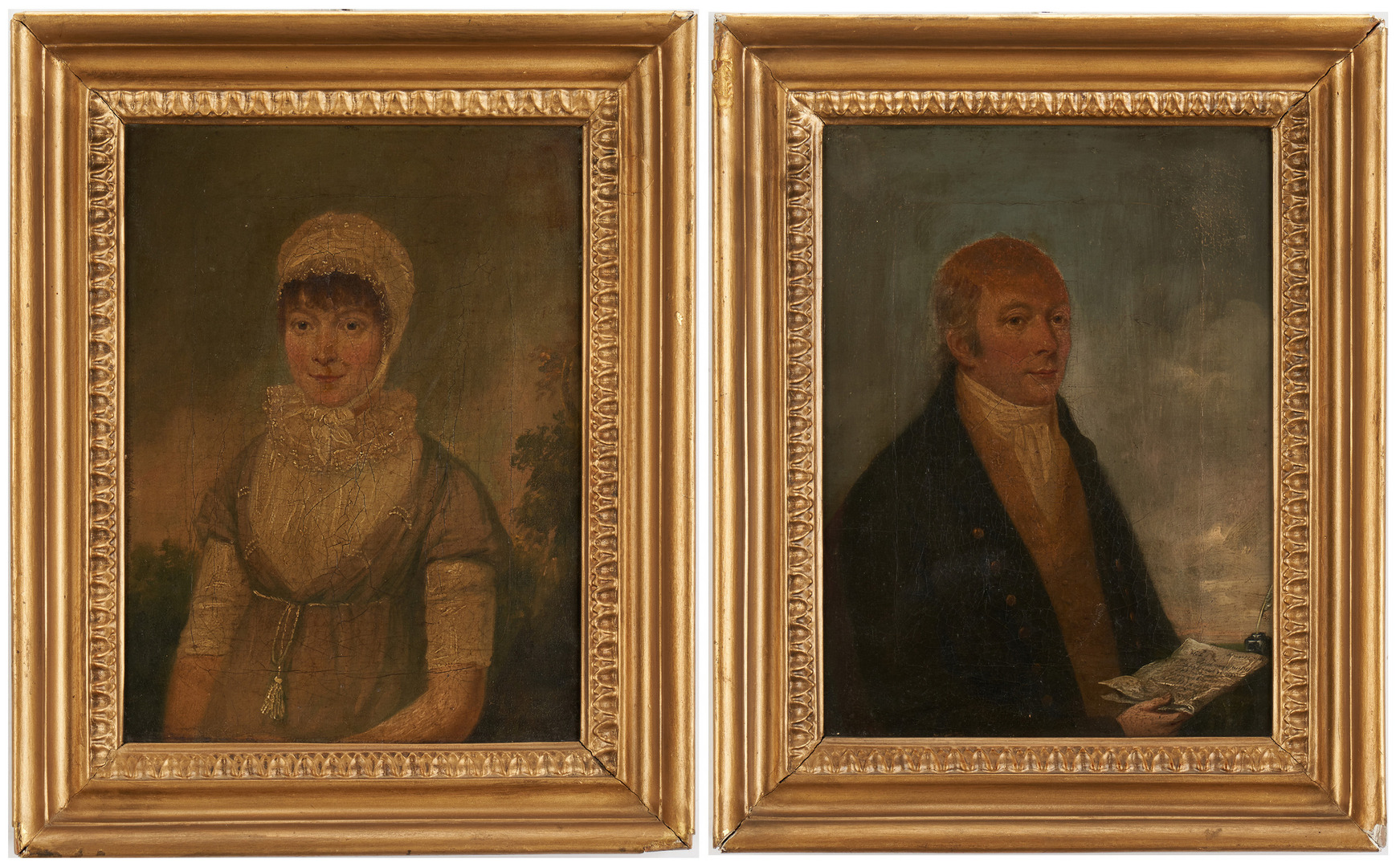 Lot 762: Pair of 18th Century Portraits, Man with Letter and Woman in Bonnet