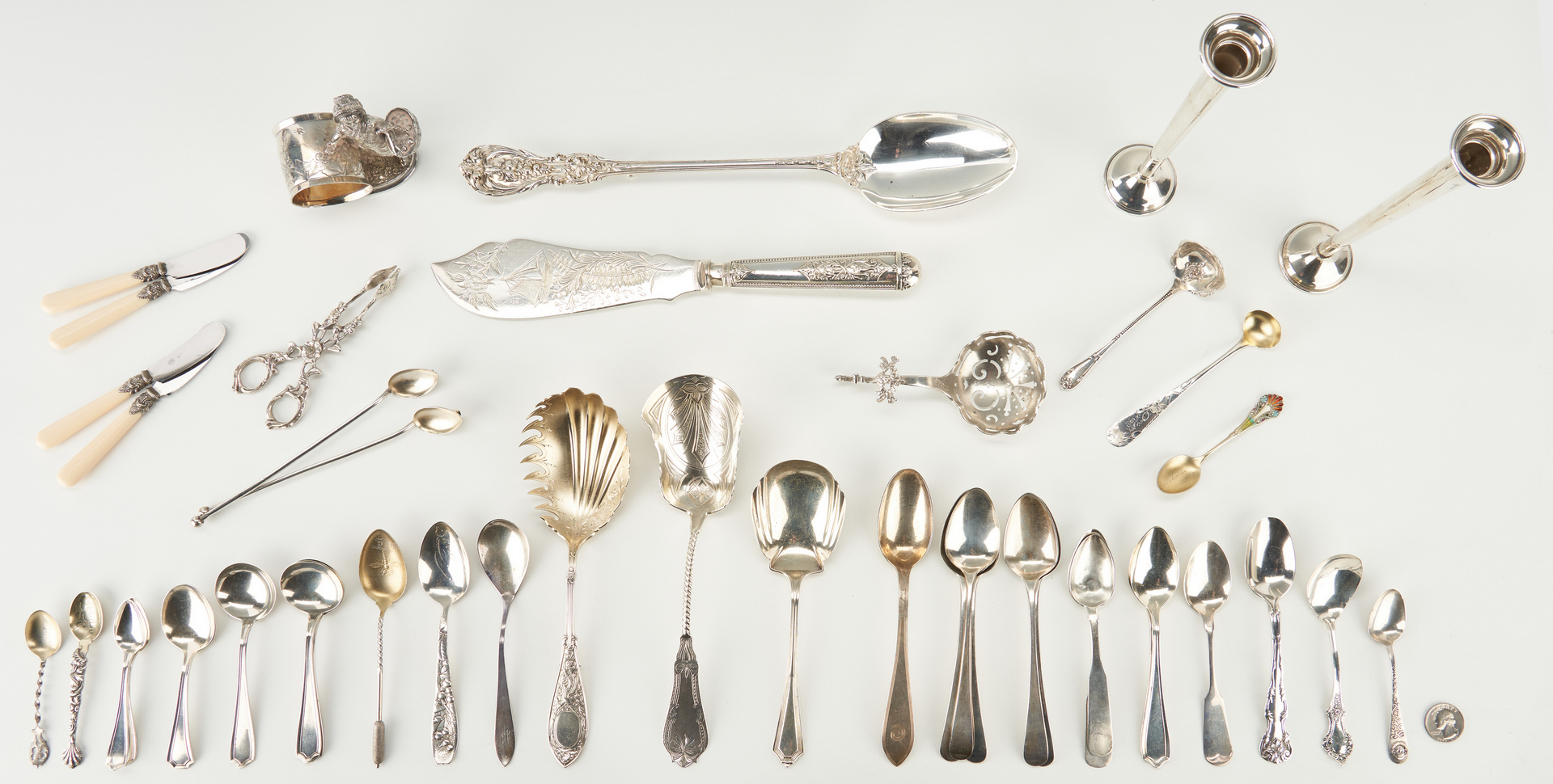 Lot 808: Sterling Flatware, Candlesticks, Napkin Ring and more