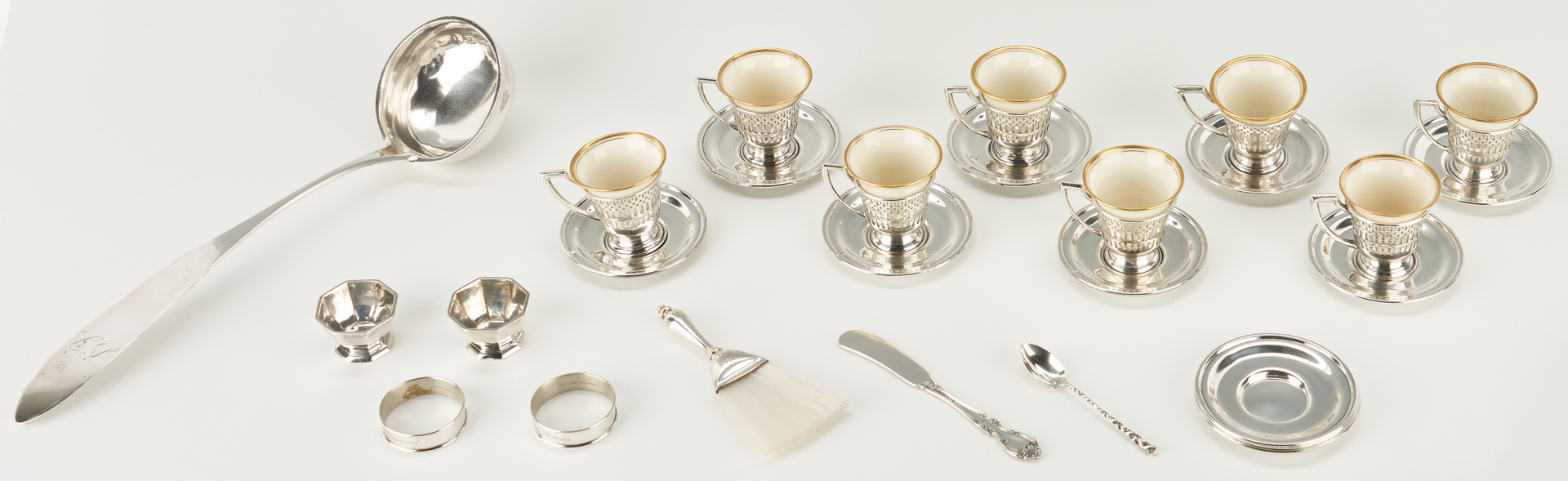 Lot 821: 16 Silver Items incl. Demitasse Cups w/ Sterling Holders, Ladle