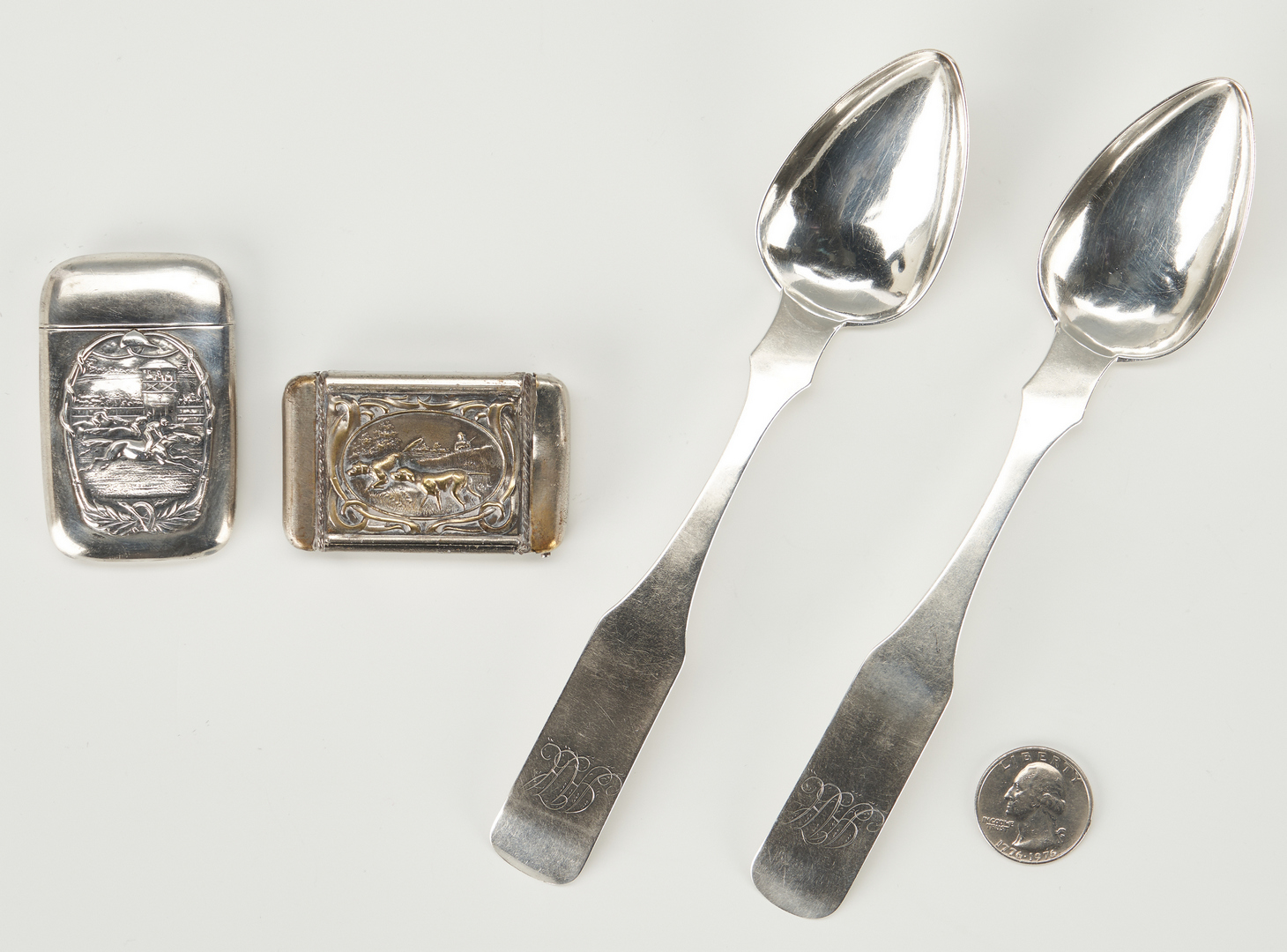 Lot 88: 2 KY Coin Silver Spoons & 2 Silver Matchbox Covers