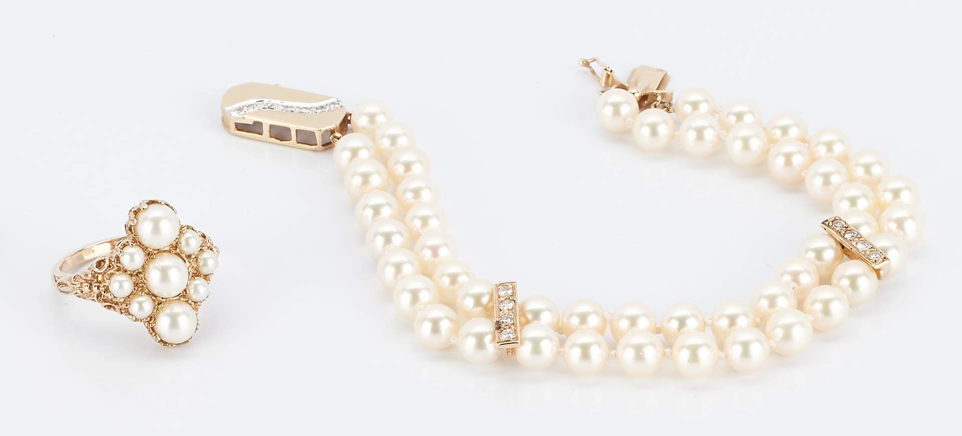 Lot 931: Double Strand Pearl Bracelet & Pearl Ring