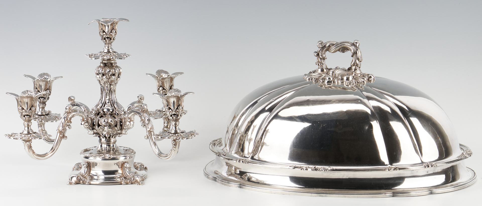 Lot 949: Old Sheffield Meat Dome and Reed & Barton Candelabra/Epergne