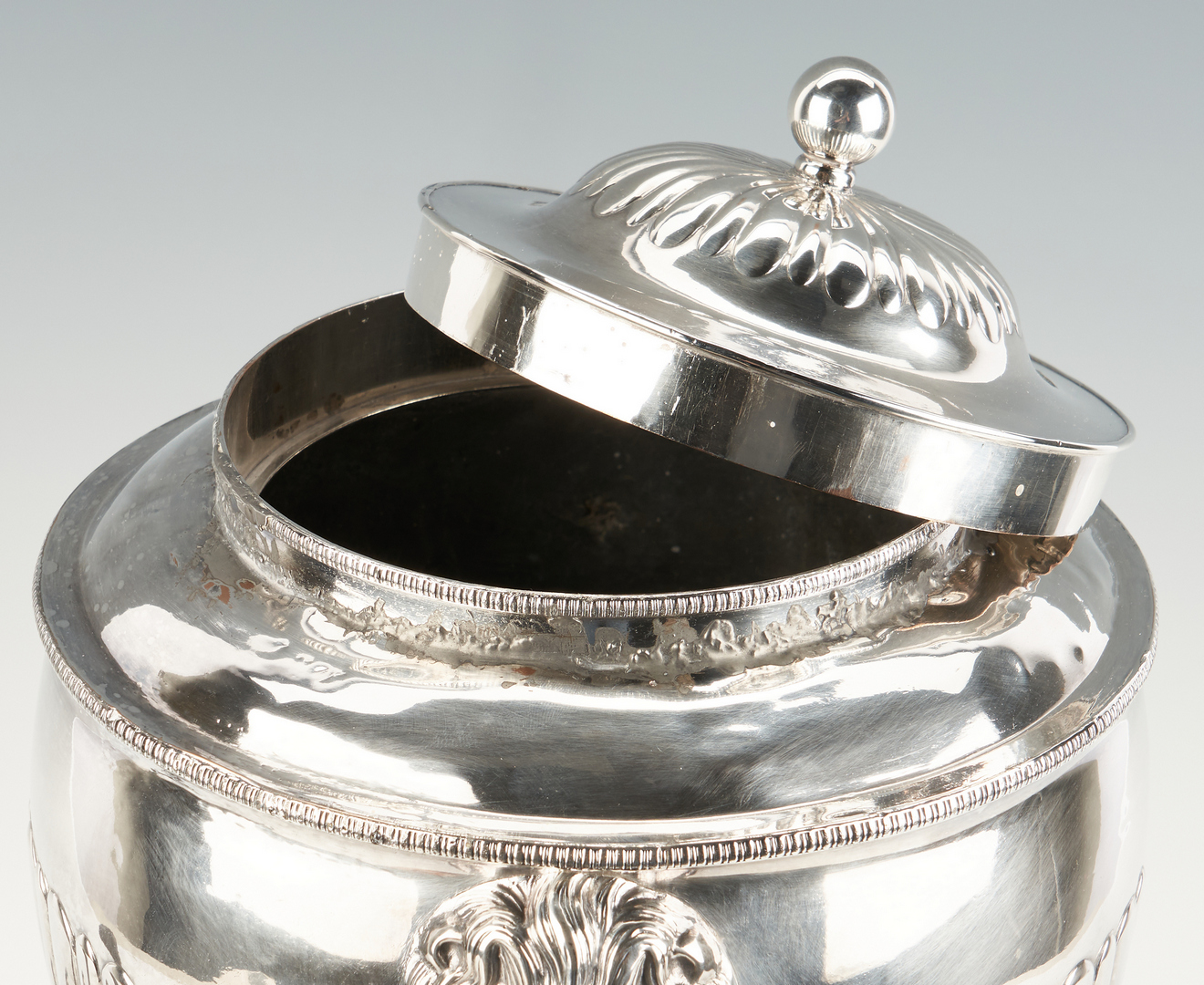 Lot 952: Sheffield Tea Urn, 5 Coin Silver Items, & Watch Hutch