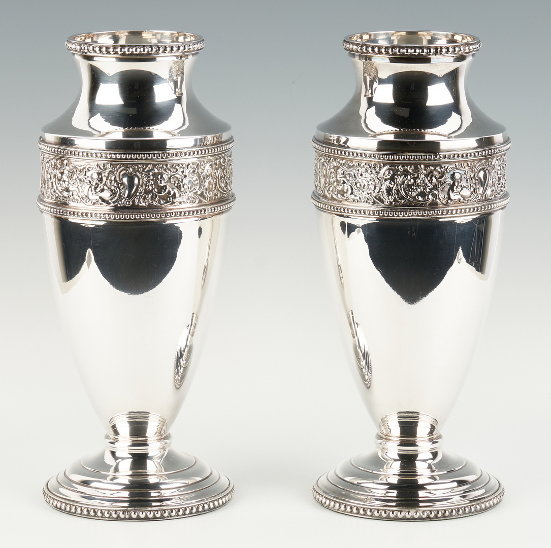 Lot 953: Pair Tall Silverplated Urns or Vases