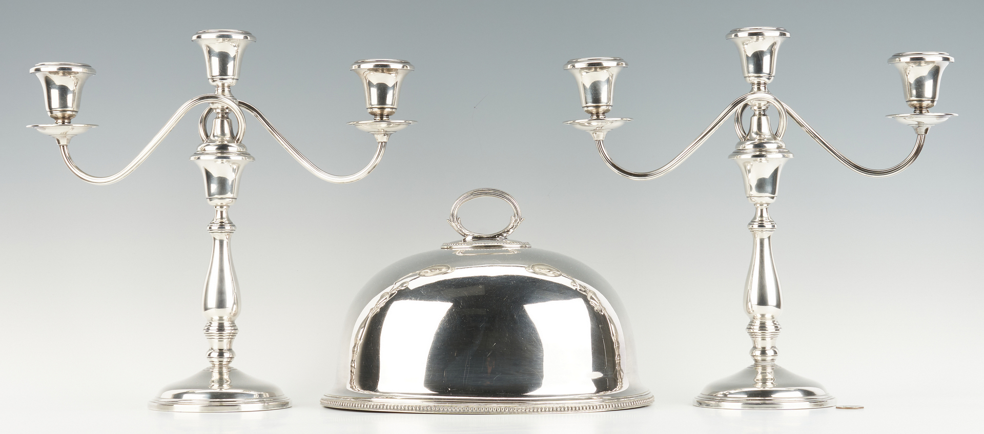 Lot 958: Pair Sterling Candelabra & Silverplate Meat Dome