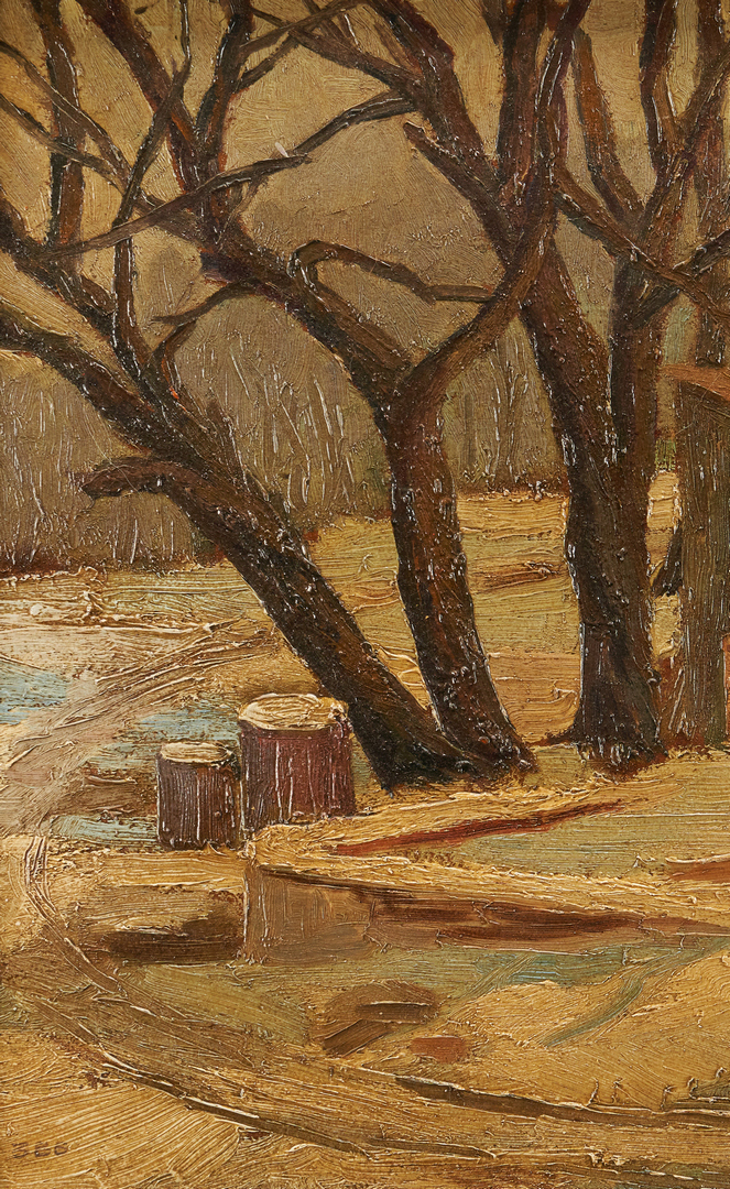 Lot 969: Morley Hicks Exhibited O/B Landscape Painting, Settlers Shack