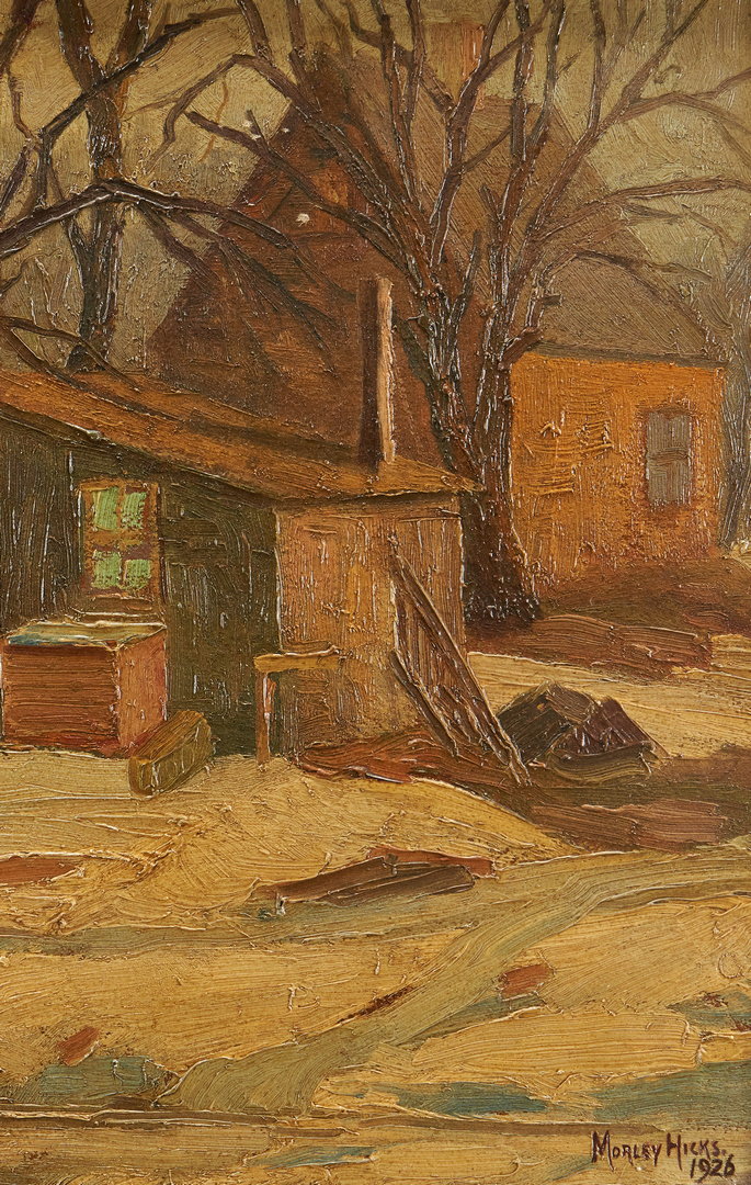 Lot 969: Morley Hicks Exhibited O/B Landscape Painting, Settlers Shack