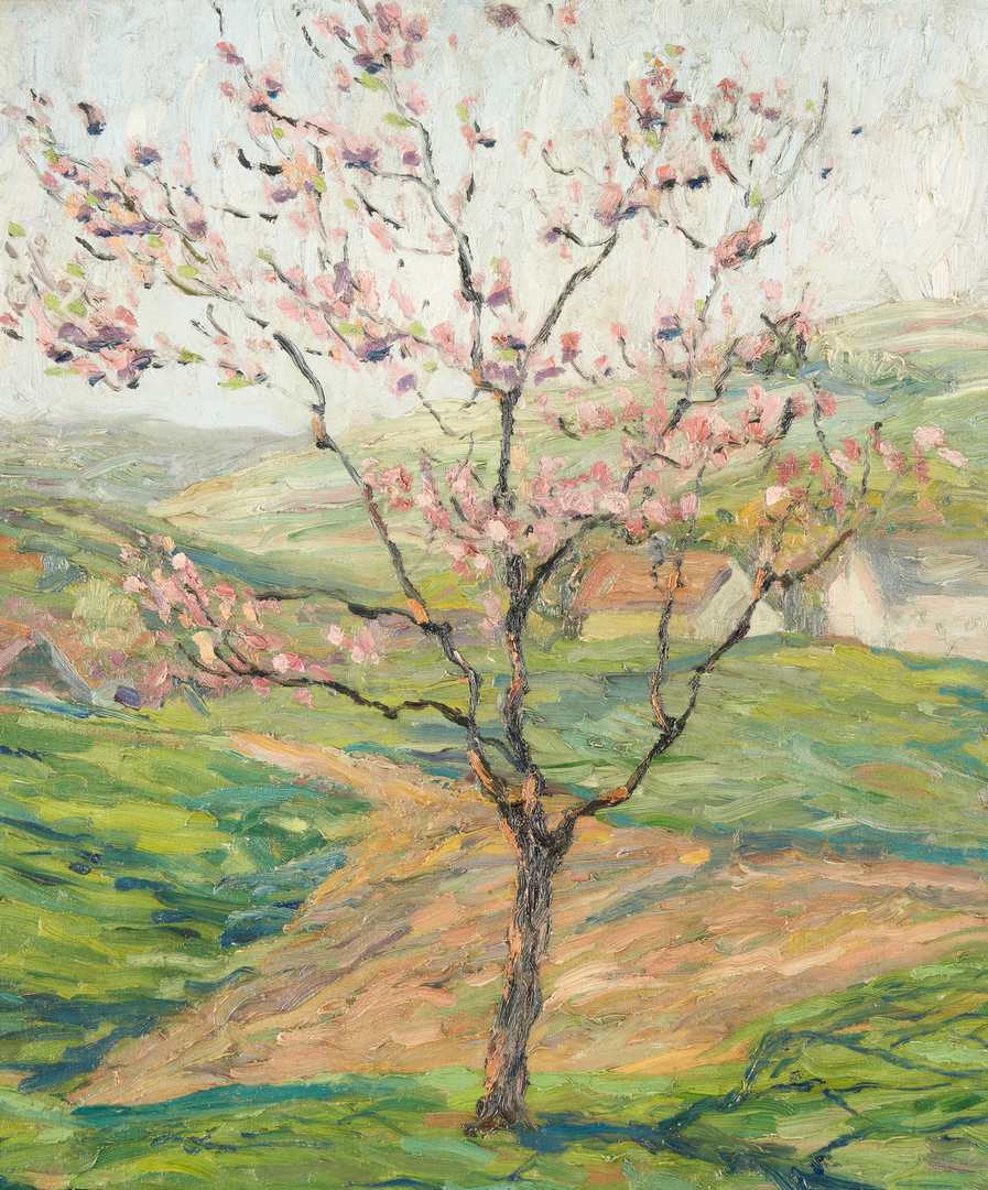 Lot 977: O/C Spring Cherry Tree Landscape Painting, Signed Palmer