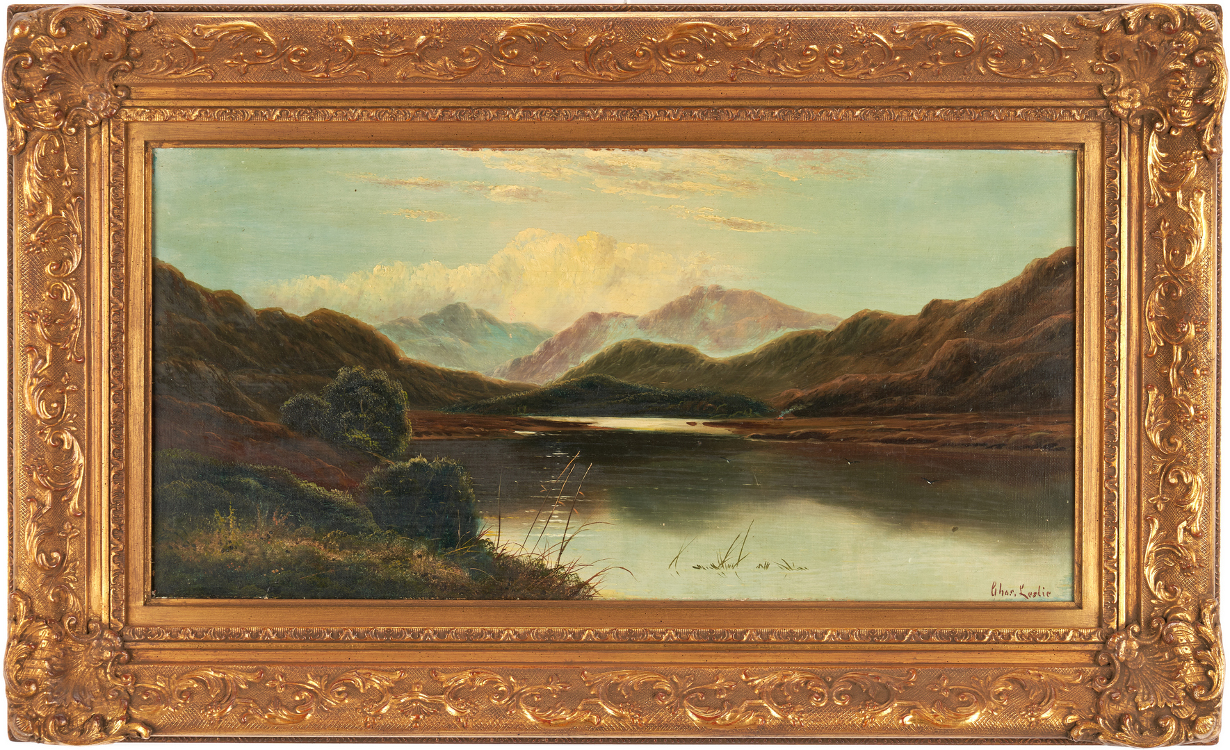 Lot 983: Charles Leslie O/C Painting, English Lake Scene