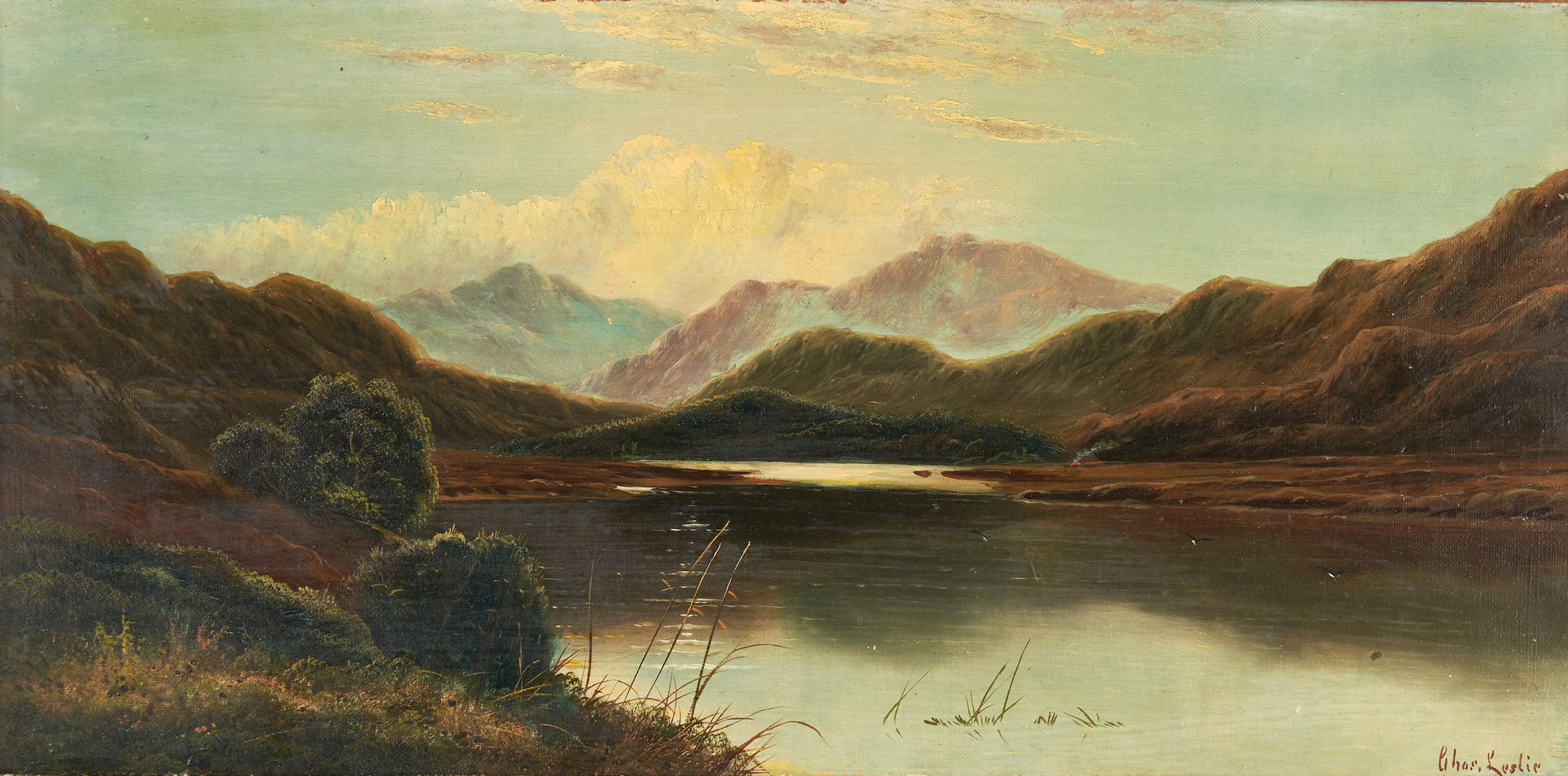 Lot 983: Charles Leslie O/C Painting, English Lake Scene