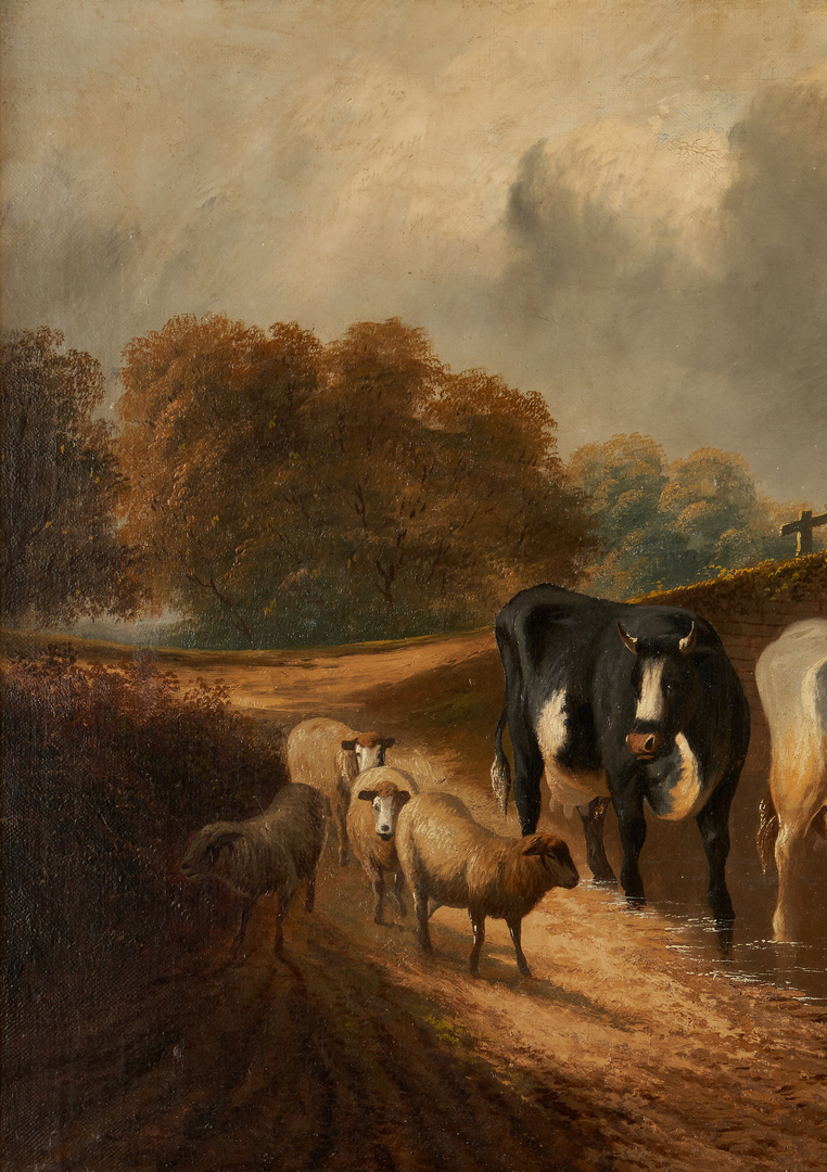 Lot 984: Pastoral Oil Landscape, Cows & Sheep by Bridge