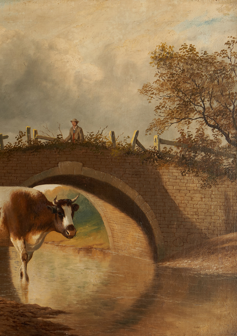 Lot 984: Pastoral Oil Landscape, Cows & Sheep by Bridge