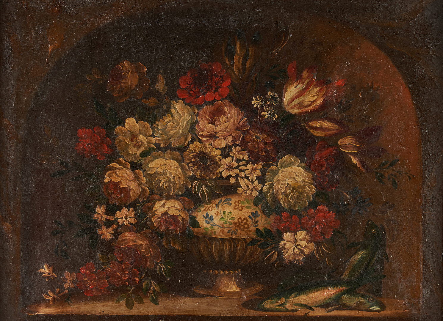 Lot 987: European Floral Still Life with Fish