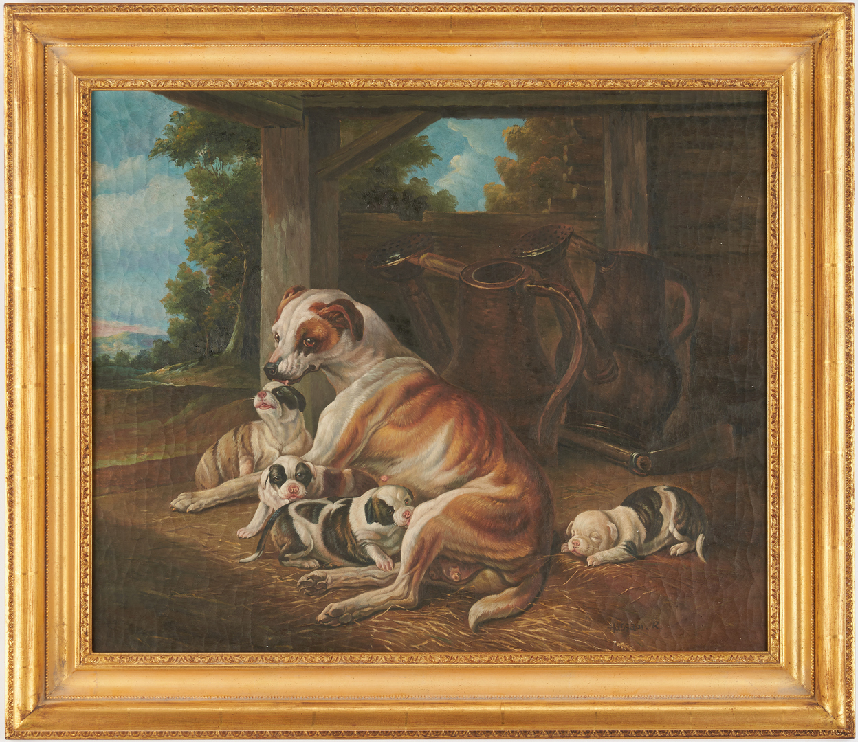 Lot 995: Genre Scene with Puppies, Signed Hassam