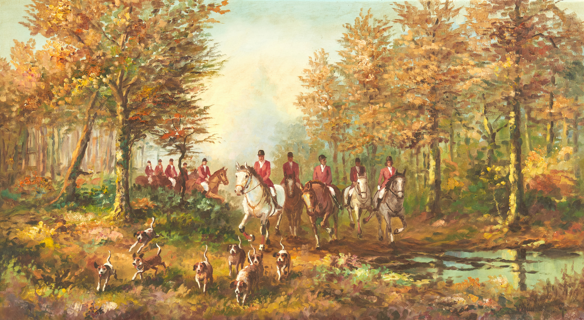 Lot 996: W. Reimann O/C Painting, English Fox Hunters & Hounds