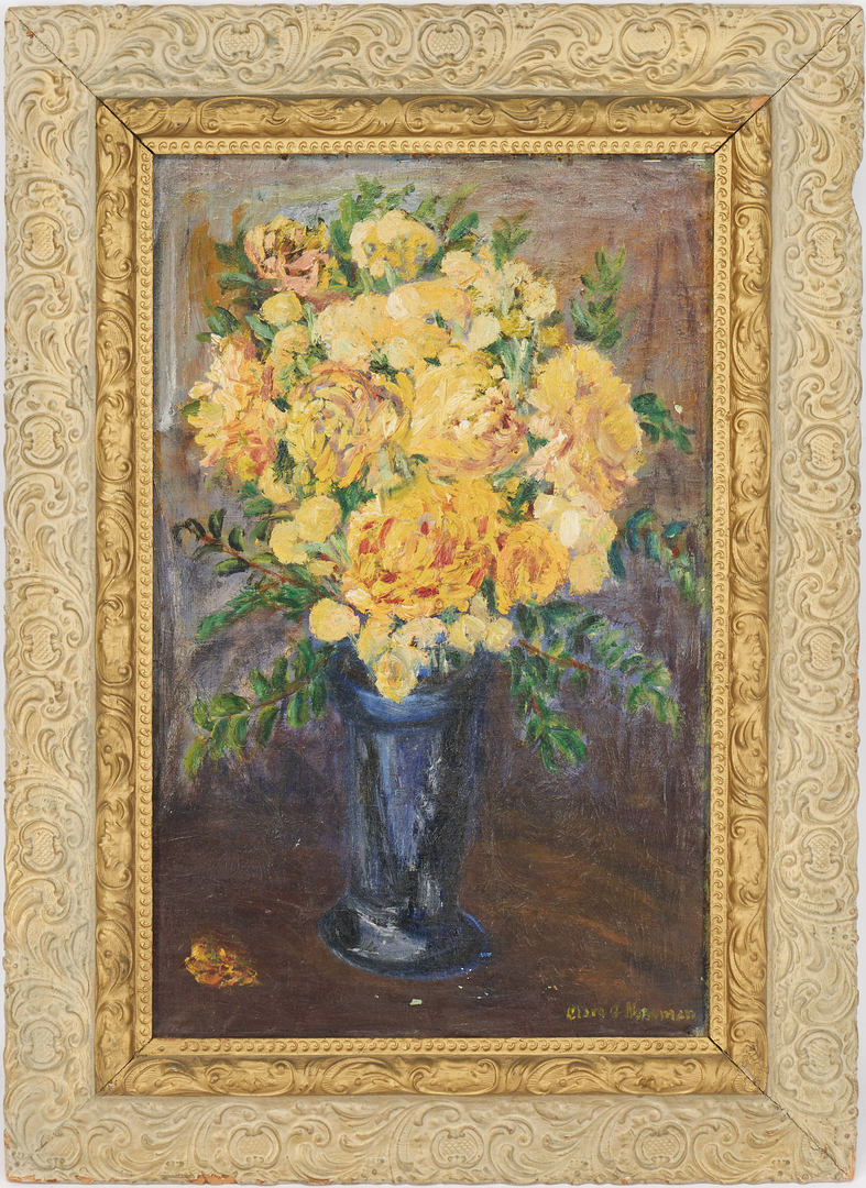 Lot 1012: Clara Newman, Indiana, O/C Still Life with Yellow Flowers, Exhibited