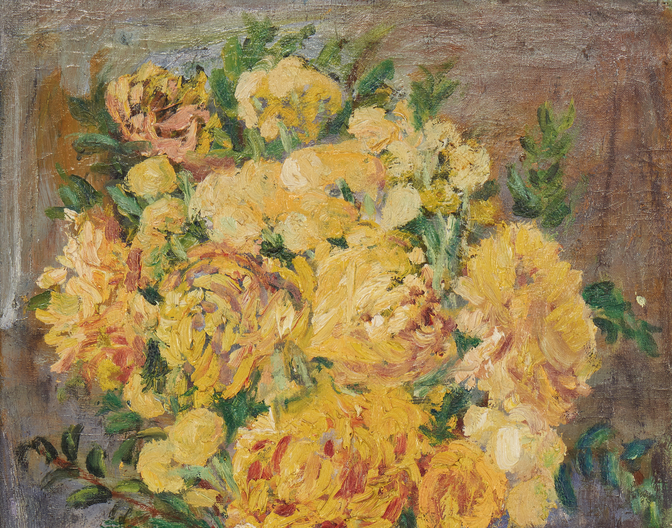 Lot 1012: Clara Newman, Indiana, O/C Still Life with Yellow Flowers, Exhibited